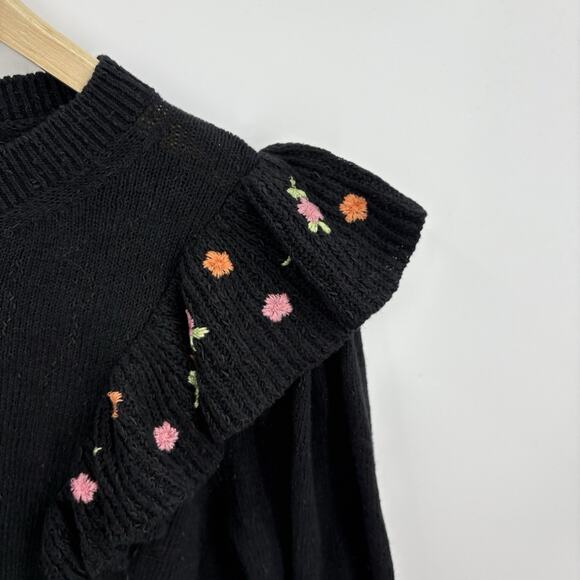Something Navy Sweater XSmall Whimsigoth Embroidered Floral Ruffle Romantic Boho - Picture 5 of 7